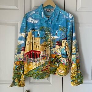 Take Two | Cafe Print Denim Jacket. 100% cotton. Size XL. Boxy fit